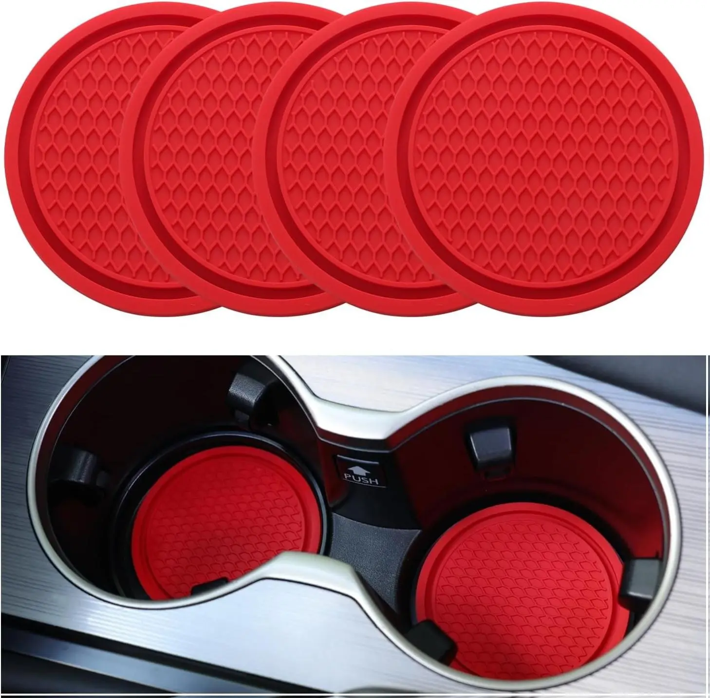 4-Pack Round Silicone PVC Car Cup Holder Mats - Non-Slip, Easy-Clean, Heat-Insulation, Embedded Ornaments, 2.77in Universal Car Auto Accessory, Red Vehicle Accessories for Interior Use, Auto Accessories