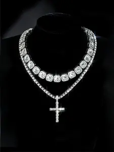 Fashionable and simple Glitter cross pendant with square diamond Cuban chain set, moissanite European and American hip-hop style necklace pendant, gold and silver chain necklace, ice diamond tennis festival necklace jewelry set