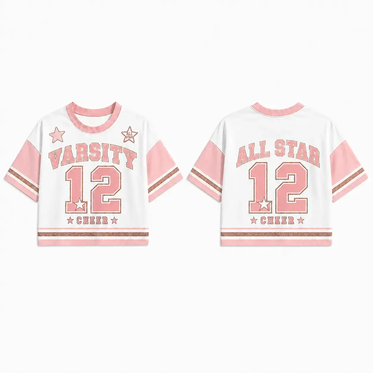 Varsity 12 Pink Glitter White Crop Top, All Star Cheer Short Sleeve T-Shirt, Preppy Coquette Y2K Concert Streetwear Women