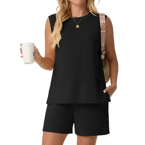 Lepunuo 2 Piece Short Sets for Women 2026 Summer Tank Top Matching Shorts Workout Lounge Set Vacation Travel Tracksuit Athleisure Outfits Workout Sportswear