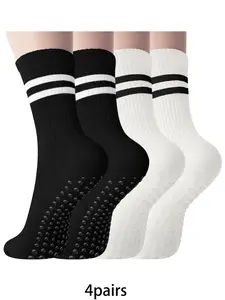 4 pairs of black and white striped middle tube Sports Athletic socks, comfortable, transparent, non slip yoga socks with silicone design at the bottom, suitable for women's yoga, sports and fitness wear