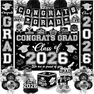 Black and Silver Graduation Decorations 2026 Set, All-in-1 Kit with Congrats Grad Banner Class of 2026 Backdrop Porch Sign Balloons Centerpieces Card Box Pom Poms Streamers for College High School