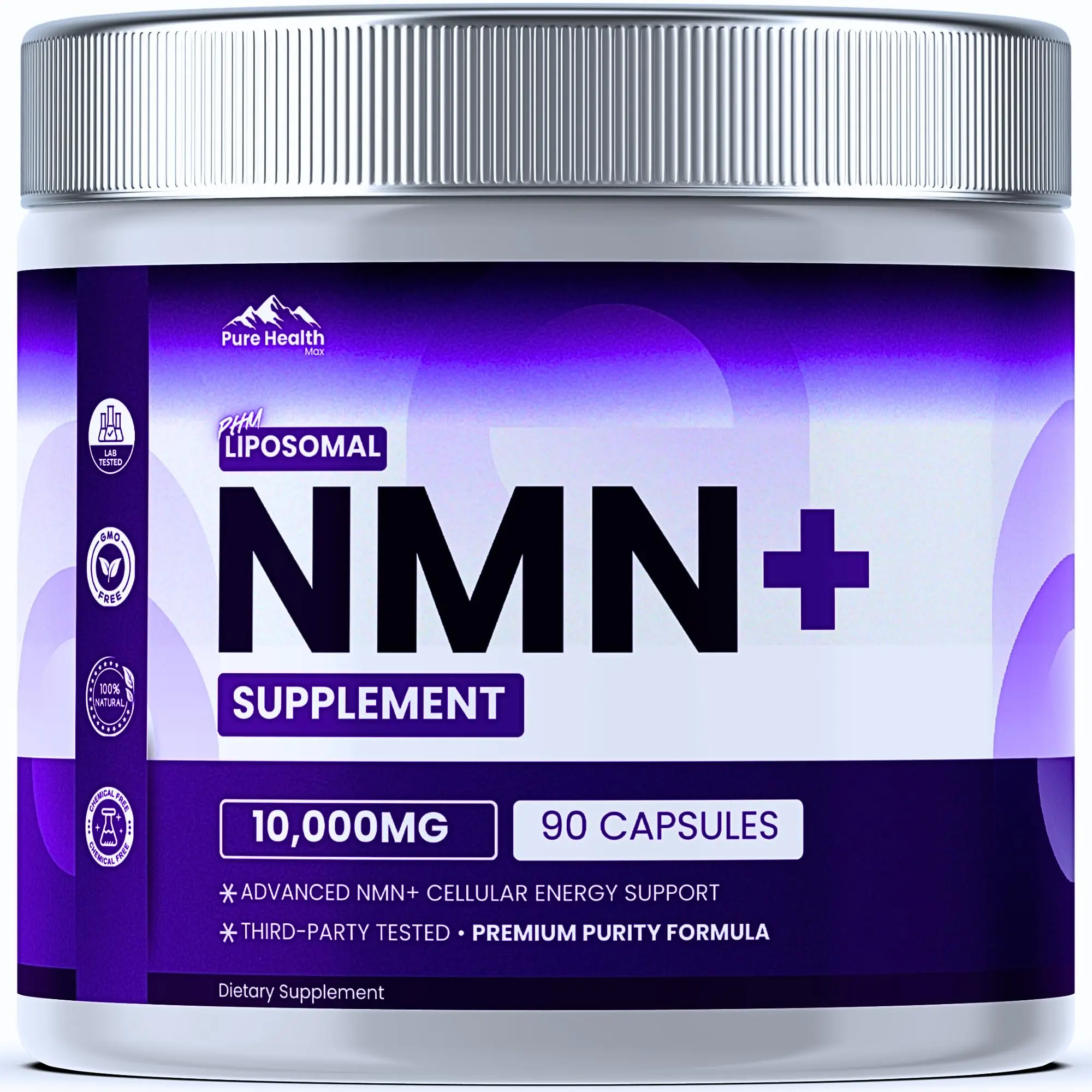 PURE HEALTH MAX NMN Supplement with NAD+ and Resveratrol - 10,000MG Extra Strength | NAD Liposomal Supplements for Men and Women | 90 Capsules, 3 Months Supply