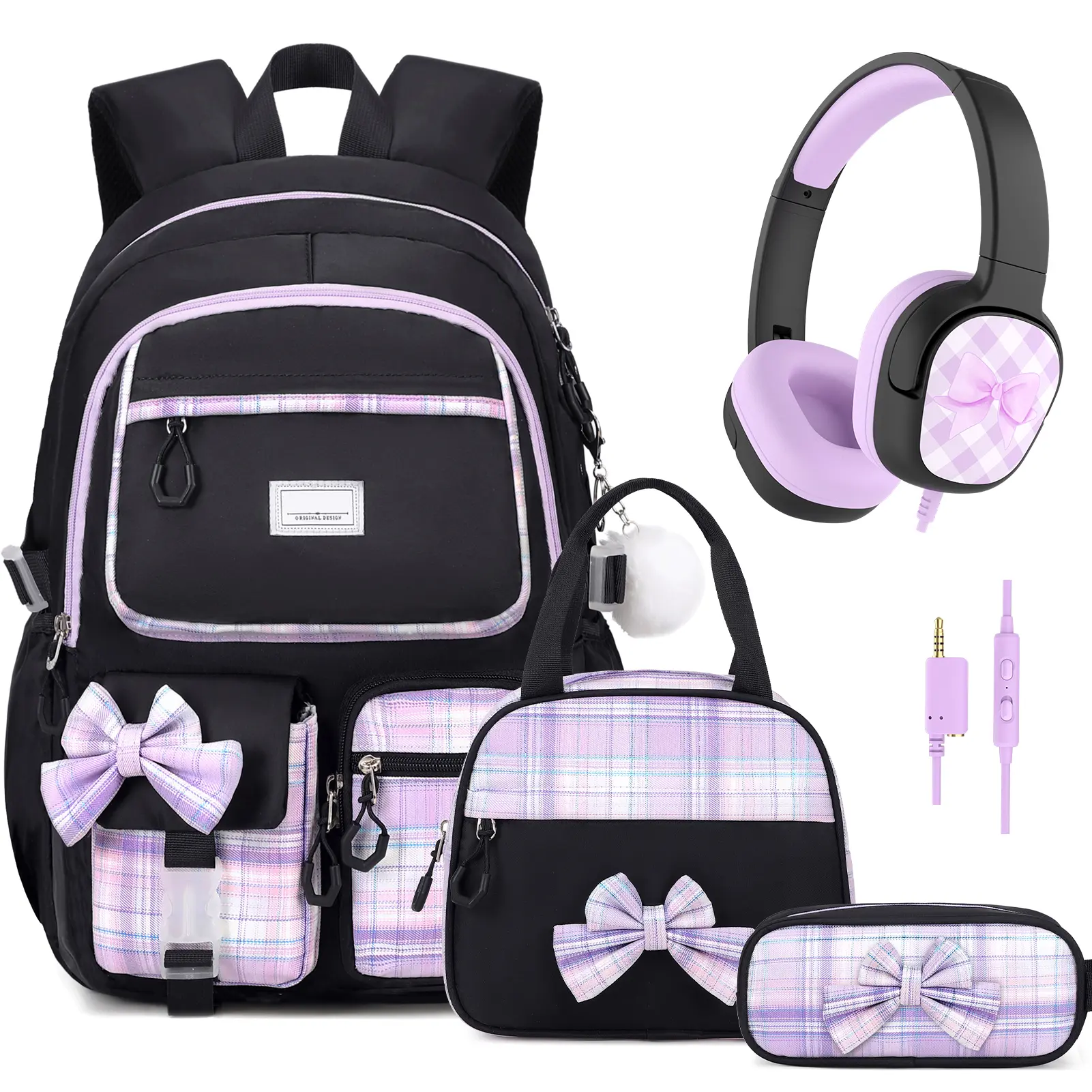 Similove 3/4PCS Cute Bow Backpack for School, Waterproof Plaid Cute School Bags with Lunch Bag & Pen Case, or a headphone Bookbag for Teens Elementary Middle Student, Back to School Gift with USB Charging Port, dealsforyou  Organiser