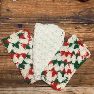 3 Pack 100% Cotton Dishcloth Washcloth Scallop Patterned Christmas Colors Red White & Green Handmade Crochet Eco-Friendly