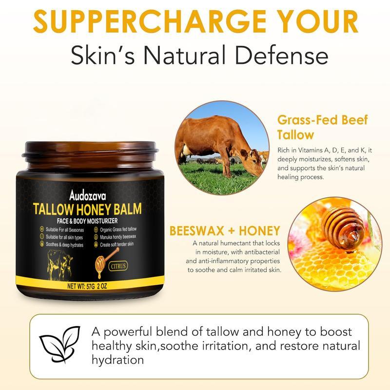 Tallow Honey Balm, Beef Tallow for Skin, Moisturizer with Organic Grass-Fed Beef Tallow Balm Raw Honeys and Beeswax, Suitable for All Skin Types