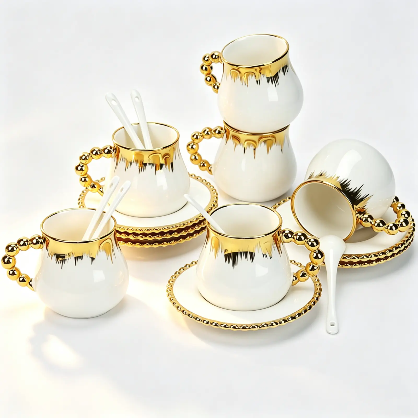 Espresso Cups Set of 6, 8 oz Ceramic Coffee Cup and Saucer Set with Spoons, Gold Trim Coffee Cup Mugs for Latte, Mocha, Tea, Au Lait, Flat White, Dishwasher & Microwave Safe