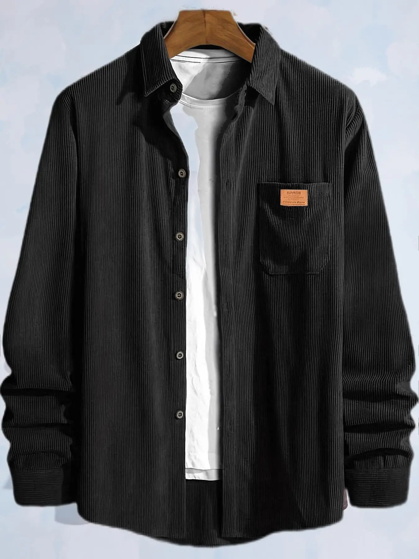 Men's Plain Letter Patched Corduroy Jacket without Tee, Casual Button Front Pocket Jacket for Fall & Winter, Men's Outerwear for Daily Wear