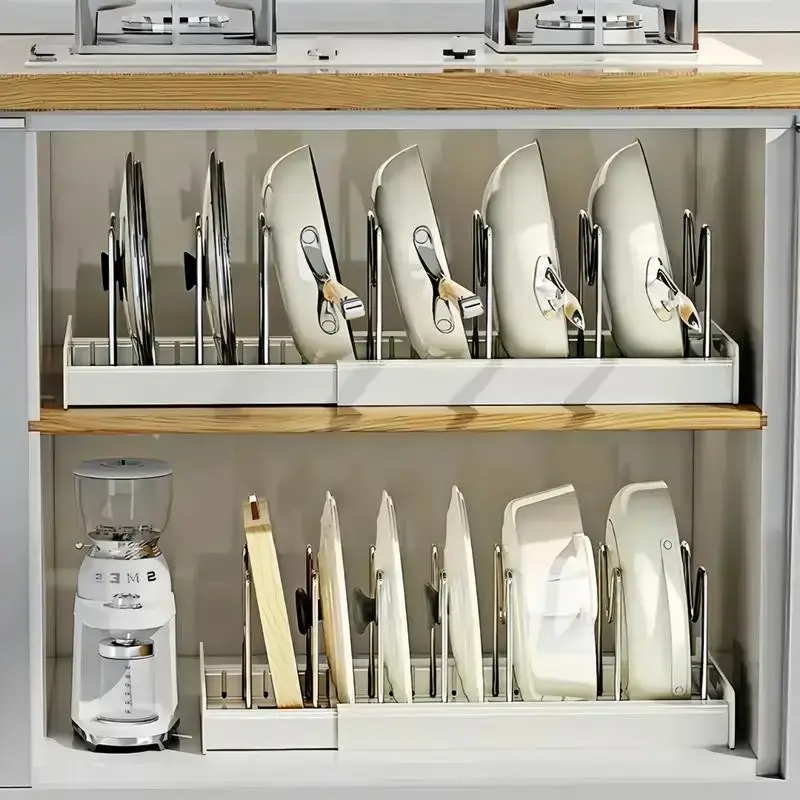 Pots and Pans Organizer Under Cabinet - Pot Lid Holder, Expandable Pan Organizer for Cabinet, Pot Rack with 10 Adjustable Compartments for Kitchen Cabinet, Frying Rack, Lid, Cookware,1 Pcs
