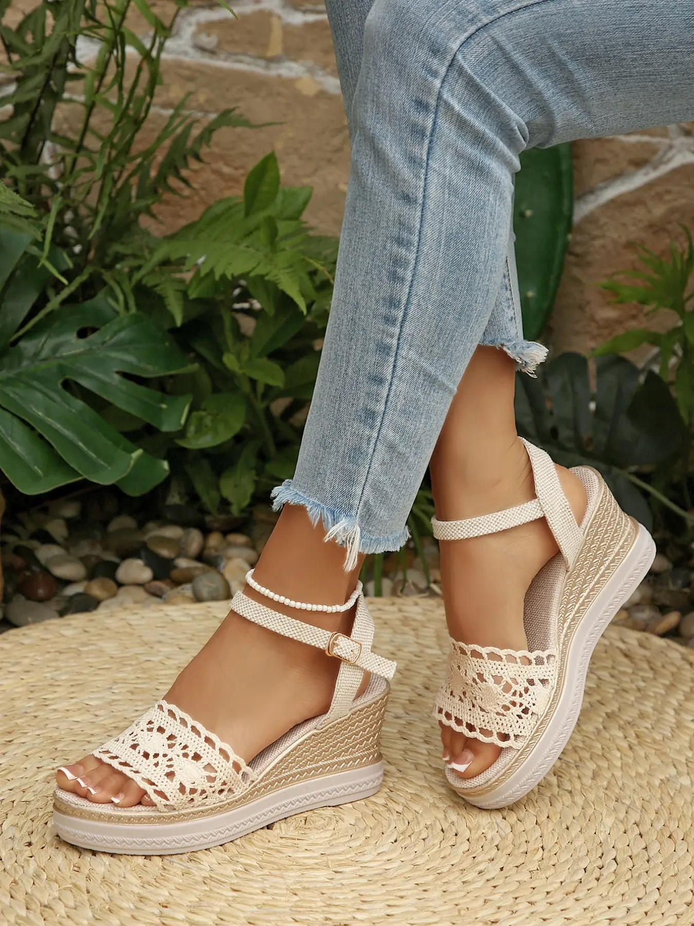 Women's Boho Crochet Espadrille Wedge Adjustable Strappy Bohemian Style Sandals Summer Platform Shoes