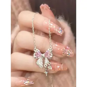 1pc Fashionable Fresh Pink Bow & Starburst Pendant Necklace, Suitable For Daily Wear And Formal Occasions For Women ValentinesMother's Day,GiftHK