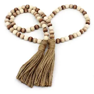 Wood Beads Garland with Tassels Farmhouse Rustic Wooden Prayer Bead String Wall Hanging Accent for Home Festival Decor Mix Distressed