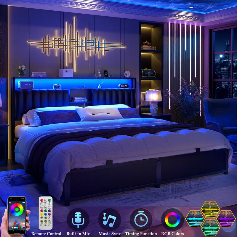 Cyclysio Bed Frame - King/Full/Queen Size Options, Sturdy Metal Base, Leather Upholstered Modern Wooden Headboard with Charging Station, LED Lights & Storage, Dorm Essentials Furniture for Room Decor & Dorm Room Inspo
