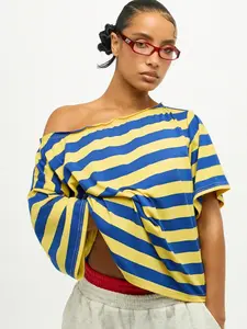 Viral off shoulder striped T-shirt - Women's loose top, bold blue and yellow color matching, casual loose short sleeved, summer fashion Y2K street wear