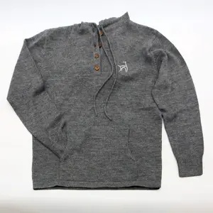 100% BABY ALPACA 4 BUTTON PULL-OVER HOODED LONG SLEEVE SWEATER SHIRT