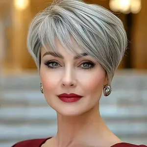 New Wholesale Hot [Brazilian Remy Human Hair Wig] 150% Density Brazilian Remy Human Hair 6 Inch Short Straight Layered Grey Glueless Wig for Women| Rose Net Cap for Secure Fit, Natural Look & Easy Maintenance, Perfect for Parties, Mother's Day Gift, Shor