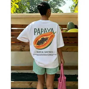 Womens Oversized Graphic Tee Papaya Fruit Back Print Crew Neck Short Sleeve Summer Vacation Beach Streetwear Loose Casual Cotton Top