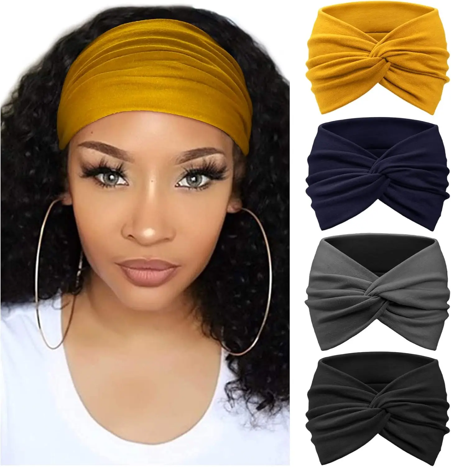 Women's 4-Pack Wide Turban Headbands, Boho Hair Accessories with Bandana Pattern, Vintage Hair Wrap & Secure Knot Hold, Bandana Pattern Headbands