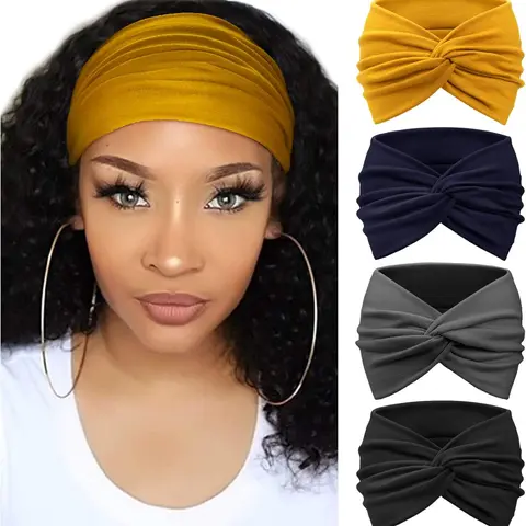 Women's 4-Pack Wide Turban Cute Headbands - Bandana-Style Vintage Hair Wraps, Secure Knot Hairbands for Beach, Birthday, Auspicious Occasions