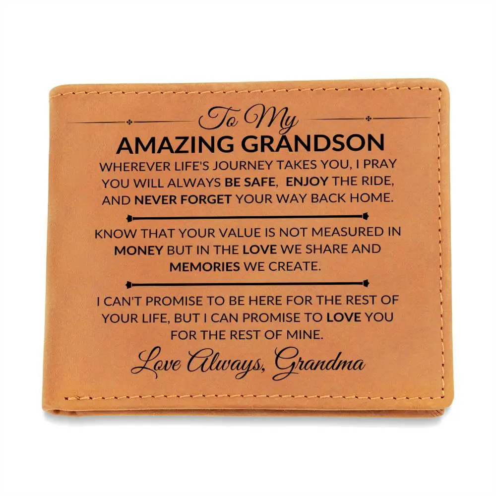 Genuine Leather Bifold Wallet for Grandson, Personalized Slim Card Holder with 'Never Forget Your Way Home' Message, Gift from Grandma, All Over Print, Bifold/Trifold Wallet, Slot For Credit Cards, Grandson From Grandma, Cow Hide Men's Wallets