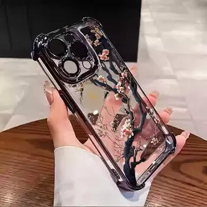 White cherry blossom tree pattern TPU Casing for iphone 17Air 16 15 14 13 12 11 X XS PRO PLUS MAX Four Corners Anti-Fall Transparent Soft Silicone Gift Shockproof Protection Anti-Drop Protective Protector Phone Cases Shell Cover