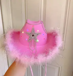 Light Up Pink cowboy hat wirh rhinestone star and feather Boa hats for