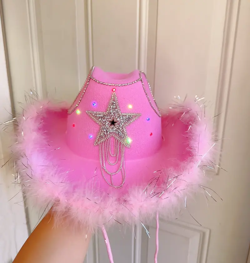LED Light up Pink Cowgirl Hat with Tiara feather Boa,western  display picture 1