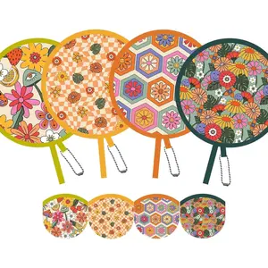 4 Pack Retro Hippie Hand Fan Foldable Multi-Role Round Fans for Travel, Events, Graduation, Indoor & Outdoor (Joyful)
