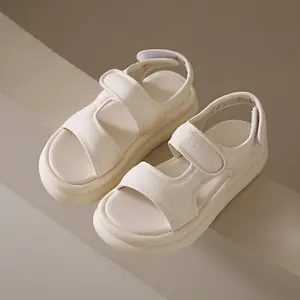 Soft Leather Platform Sandals for Women, Adjustable Hook-and-Loop Strap, Casual Open Toe Wedge Slides, Comfy Walking Shoes for Daily & Outdoor Wear