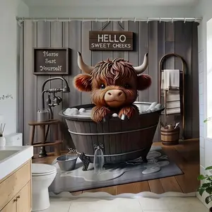 1 Pc Rustic Farmhouse Charm Shower Curtain for Cozy Bathroom Transformation with Adorable Cow Tub Design Perfect for Country Style Home Decor Add a Touch of Whimsy to Your Bathroom and Create a Warm Atmosphere with Unique Art Print Ideal for Renovation Pr