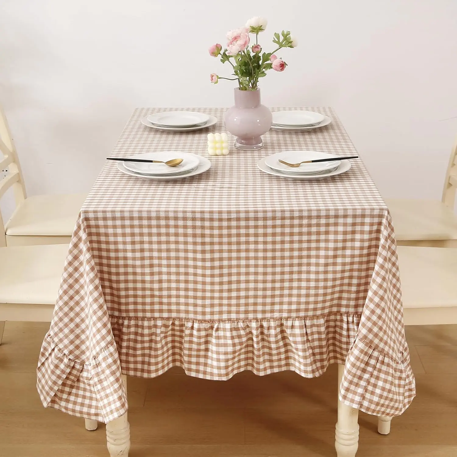 Taupe White Gingham Ruffled Table Cloth Rectangular for Seat 8-10, 100% Washed Cotton Buffet Cottage Coquette Checker Plaid Vintage Decorative Tablecloth - 120“x60