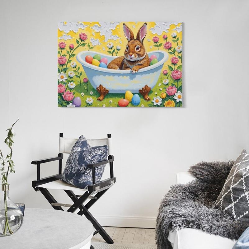 Nursery Bunny Wall Decor - Vintage Rabbit Art Print, Rustic Rabbit Lies in Bathtub Filled with Easter Eggs Poster Canvas Poster Bedroom Decor Sports Landscape Office Room Decor Gift Frames Ornaments Artistic Decoration Photo Frame-Style