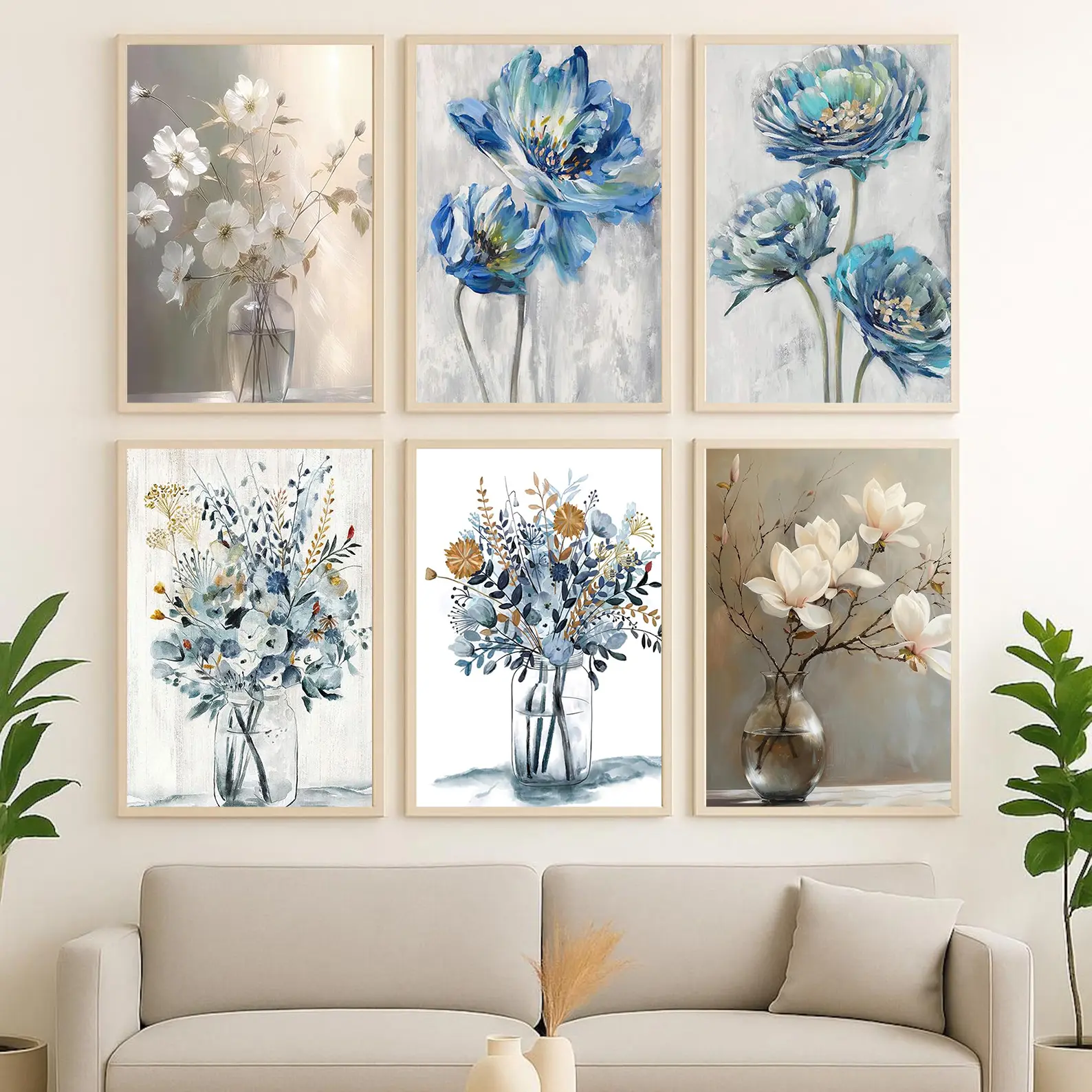 Floral canvas poster, suitable for bathroom wall decoration, elegant botanical canvas painting, modern indigo minimalist lifestyle canvas printed art decoration