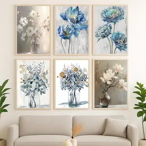 Floral canvas poster, suitable for bathroom wall decoration, elegant botanical canvas painting, modern indigo minimalist lifestyle canvas printed art decoration