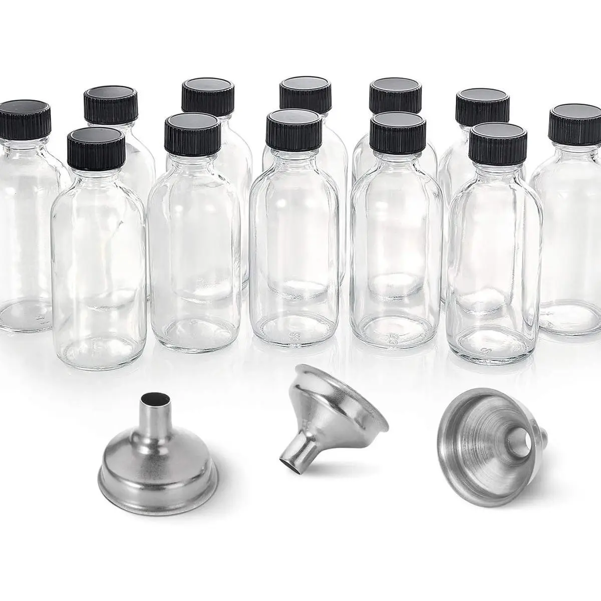 12 Pack, 2 oz Small Clear Glass Bottles w/Lid & 3 Funnels - 60ml Boston Shot Bottles for Health, Immunity, Potion, Wellness, Sample, Ginger, Juice - Mini Personal Care & Beauty Travel Bottle