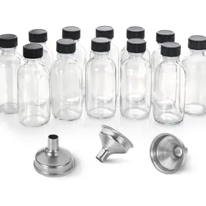 12 Pack, 2 oz Small Clear Glass Bottles w/Lid & 3 Funnels - 60ml Boston Shot Bottles for Health, Immunity, Potion, Wellness, Sample, Ginger, Juice - Mini Personal Care & Beauty Travel Bottle