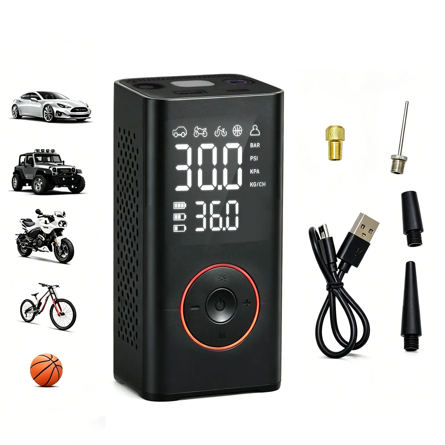Tresvendu Portable Air Compressor Quick Fill Inflator - Digital Display, 20Wh Built-In Batteries Power Bank, Tire Pressure Gauge, 2-Minute Fast Inflation to 36 PSI, Ultra Compact Handheld for Car, Road Bike - Automotive Emergency Tool