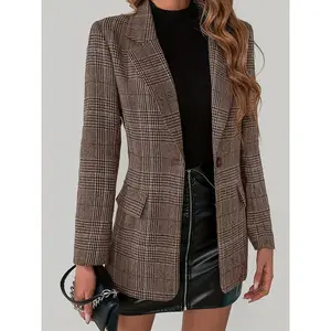 Women’s Plaid Pattern Single-Breasted Lapel Blazer – Elegant Long-Sleeve Blazer for Work & Office – Suitable for Business & Formal Occasions – Perfect Gift for Women