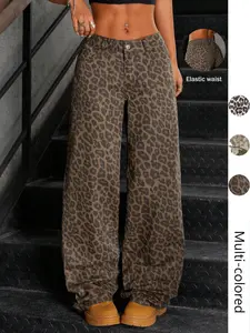 Women's Leopard Print Wide Leg Pants, Bohemian Boho Trousers, Casual Loose-Fit Elastic Waist Button-Fly in Trousers Multiple Colors Available