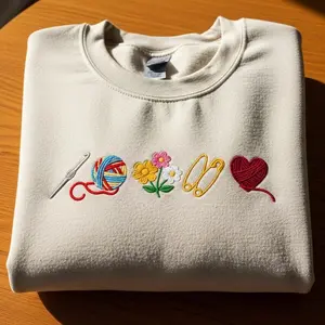 Crochet Embroidery Yarn and Flowers Embroidered Sweatshirt, Handmade Lover Gift #388
