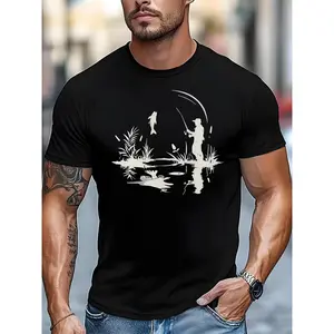 Men's Outdoor Fishing T-Shirt with Fish Print - Lightweight Breathable Polyester Casual Round Neck Tee Suitable for Fishing, Camping, Summer Outdoor Activities - Comfortable Loose Fit Casual Wear with Fishing Rod & Fish Design Print