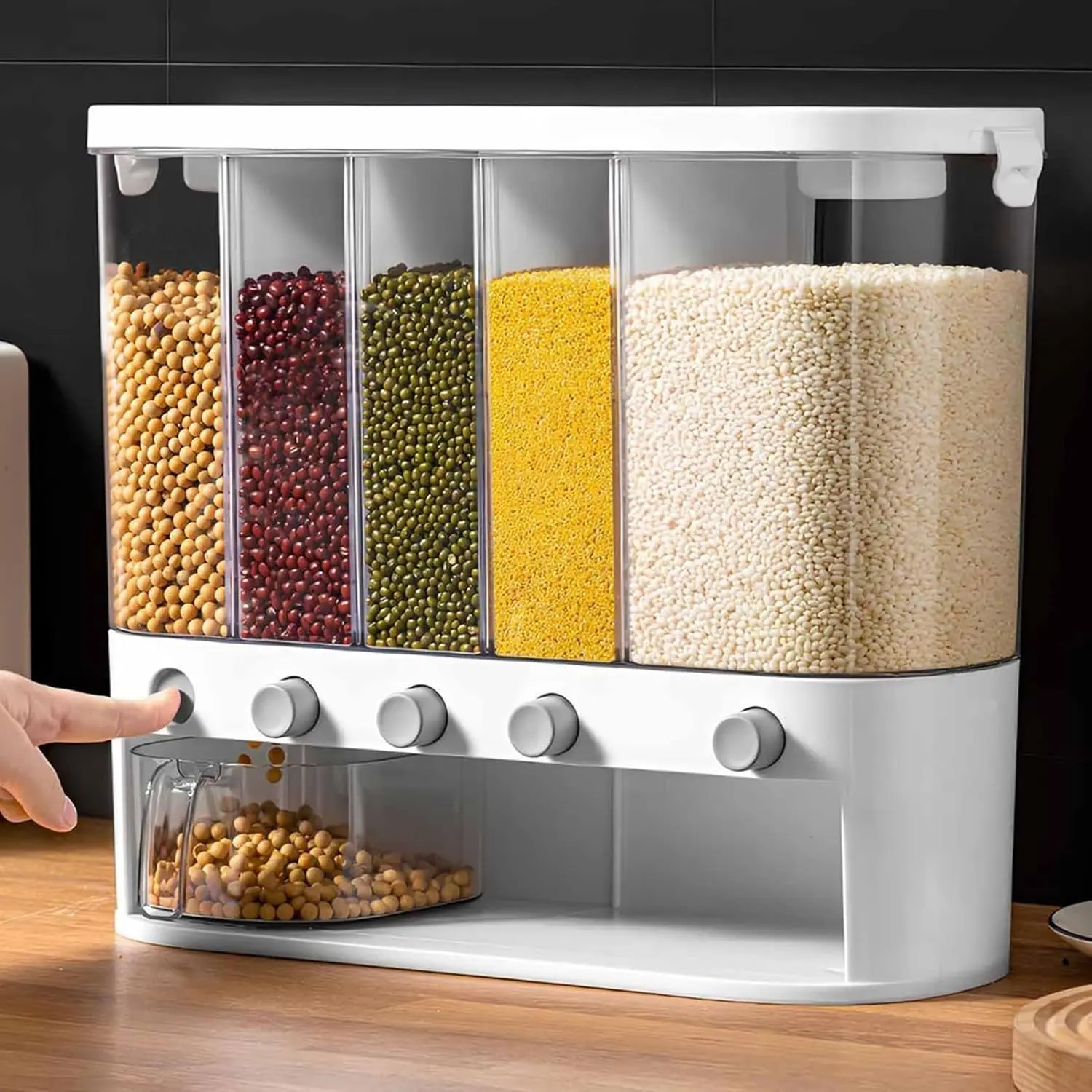 Summerwins 10L Airtight Transparent Food Storage Container - Lightweight 5-Grain Compartment Countertop Rice Dispenser with Measuring Cup, White Plastic Canisters, Airtight Food Storage Kitchen Accessories for Portion Control (Rice, Grains, Beans)