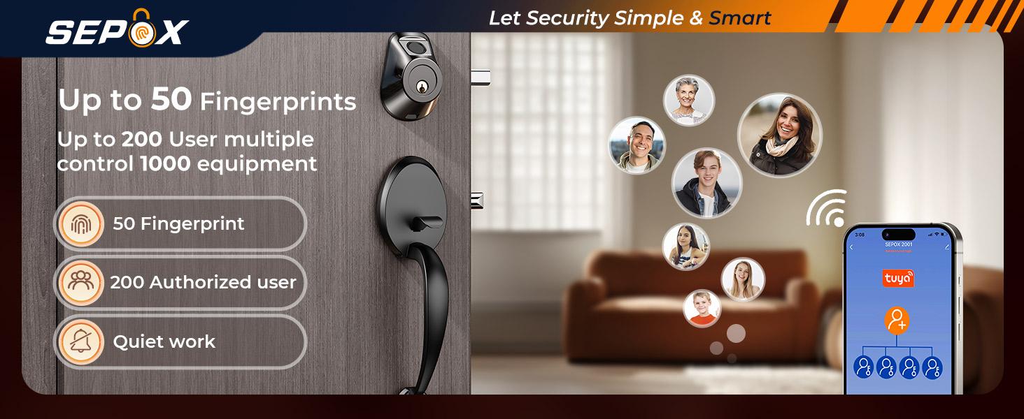 Satin Nickel Smart Deadbolt Door Lock, 5‑in‑1 Keyless Entry (Fingerprint, Tuya APP, WiFi, Bluetooth, Physical Key), Auto Lock, Reversible for Left & Right Doors, Ideal for Exterior & Interior Entry Doors