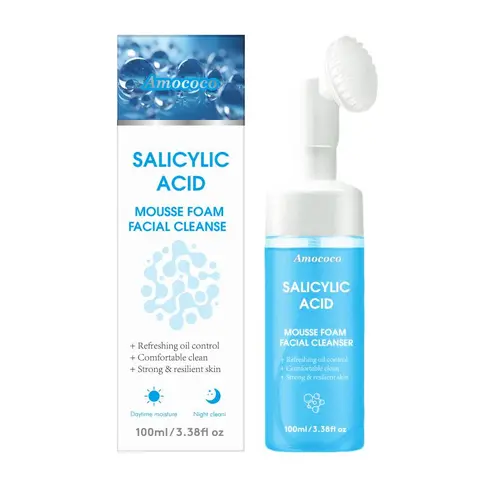 Salicylic Acid Mousse Facial Cleanser with Brush Head - 100ml Alcohol-Free Cleansing Bubble Foam Bottle, Mild Non-Irritating, Oil Control, Moisturizing, Acne-Fighting Cleansing Bubble Clean Facial Cleanser for Daily Care