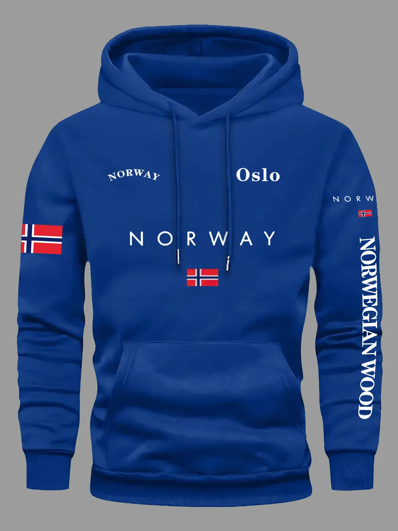Men's Norway Flag Hoodie, Royal Blue Loose Fit with Front Pocket, Geometric Pattern Durable Fabric, Casual Fall Winter Wear