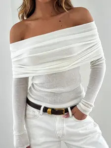 Women's White Off Shoulder Knit Top Long Sleeve Slim Fit Ribbed Sweater Shirt Elegant Style Draped Fold Over Design Stretchy Casual Fashion Basic for Autumn Winter Streetwear Knitwear