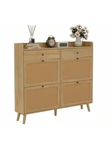Free-Standing Wooden Shoe Cabinet with 4 Natural Rattan Flip Drawers, 2 Hidden Drawers, Solid Wood Legs & Slide Organizer for Entryway, Hallway Home Storage Holder