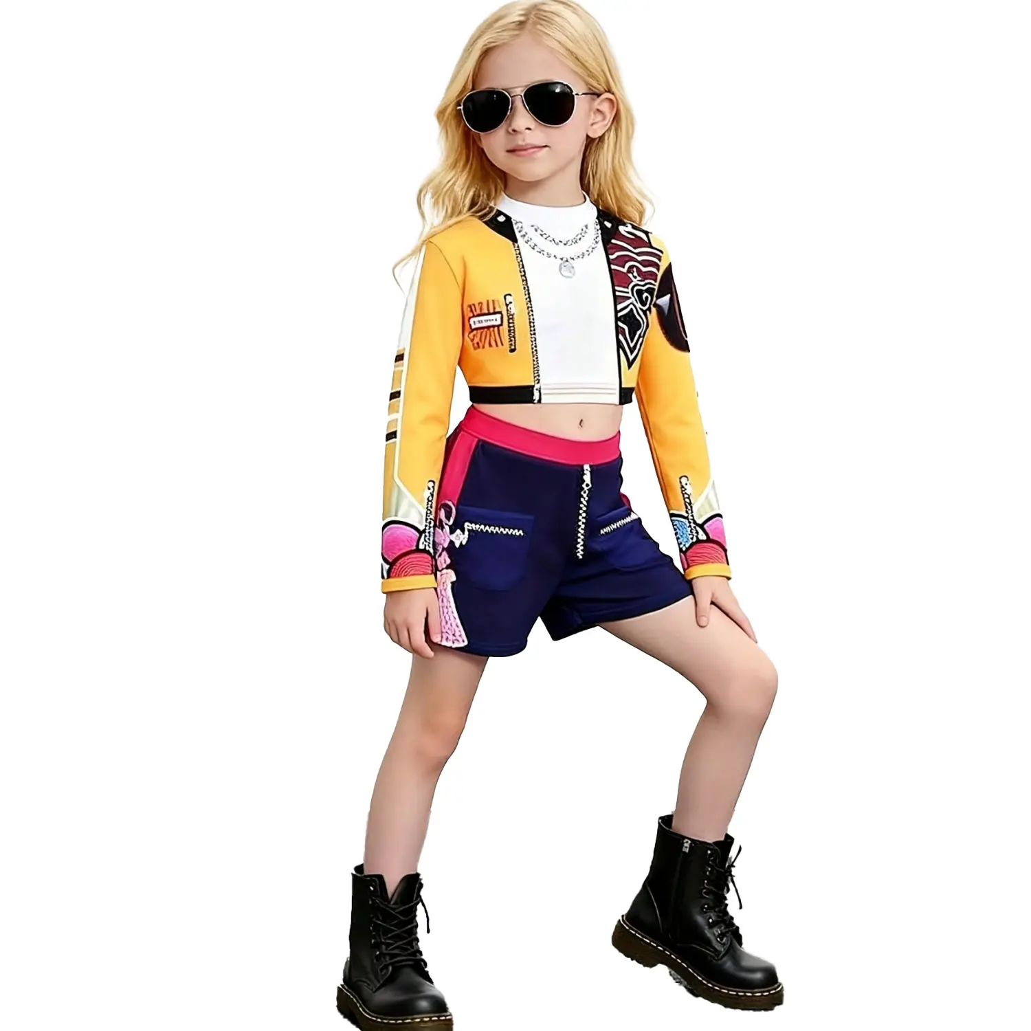 K-POP Girls Costume Set 3pcs Suitable for all seasons, featuring 3D printed patterns and a celebrity-inspired style designed specifically for children. Crafted from comfortable fabric to create a true superstar look