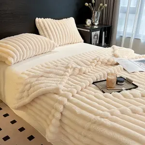 Fleece Throw Blanket for Couch - 260GSM Soft & Warm Fluffy Cream White Blanket, Decorative and Giftable Striped Blankets for Women, Men, Lightweight Cozy Blanket