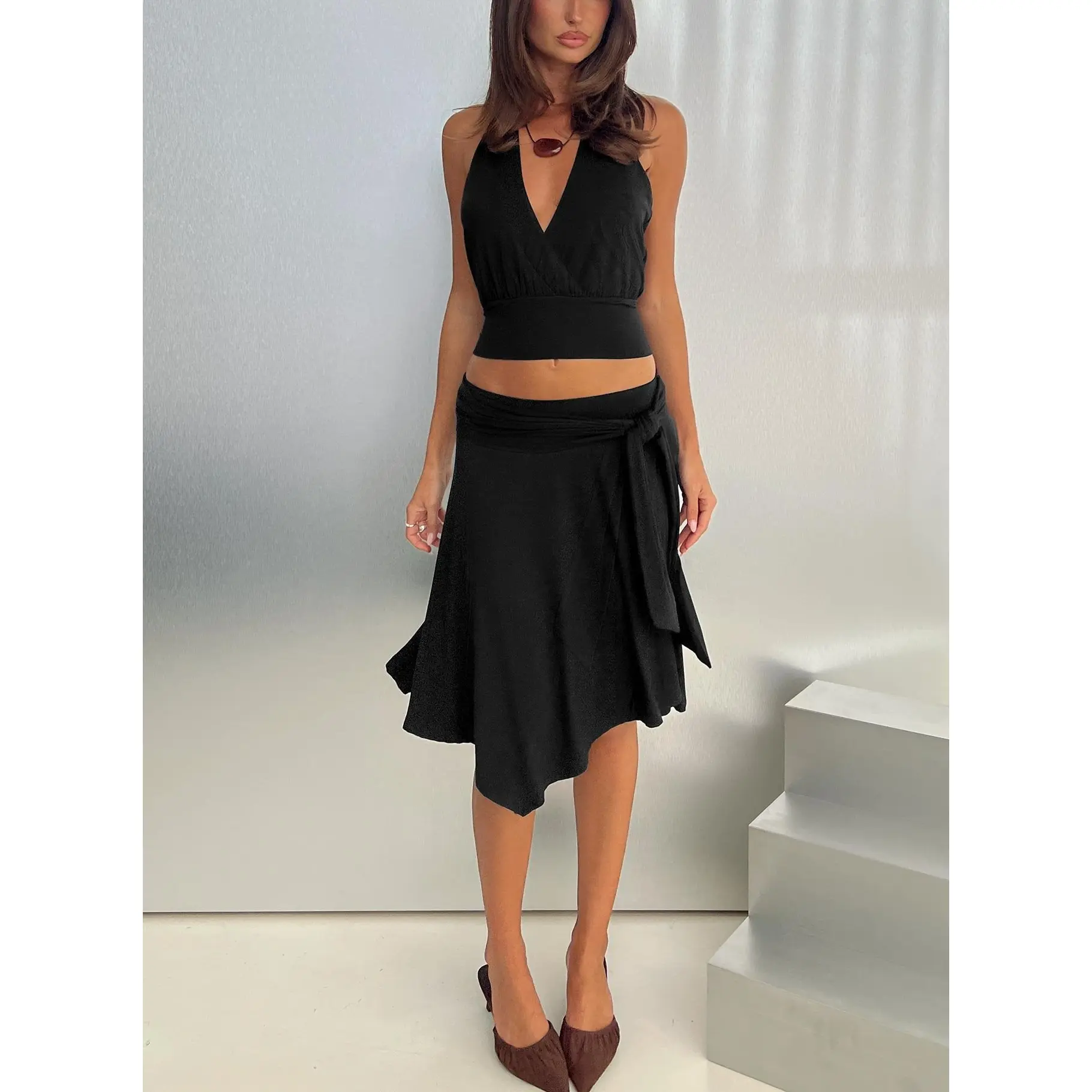 Soft Focus Tie Waist Midi Skirt Black